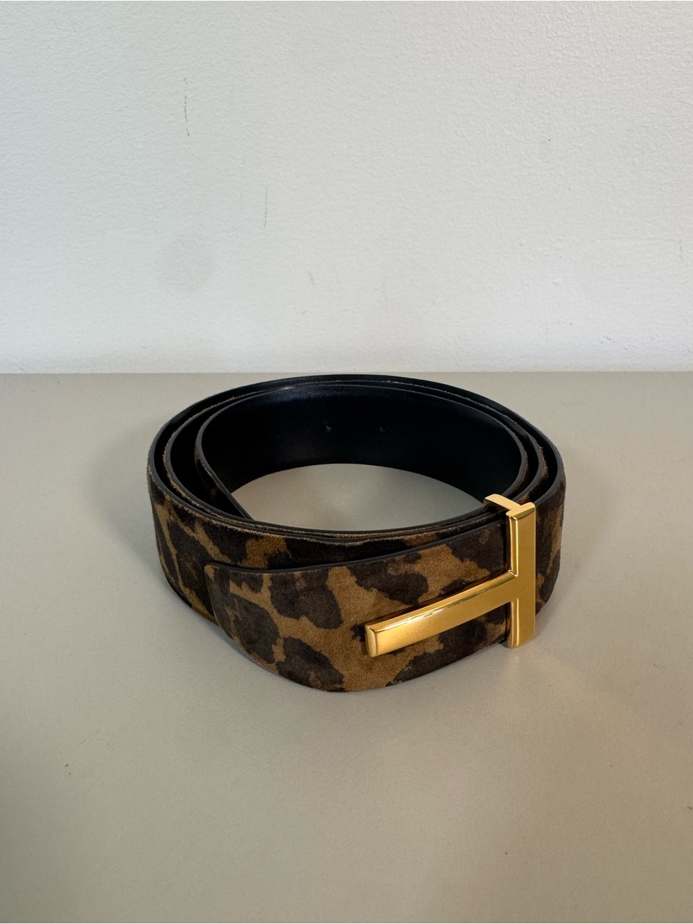 Tom Ford Leopard Print Suede Gold T-Buckle Belt Size 110 + Dust Bag